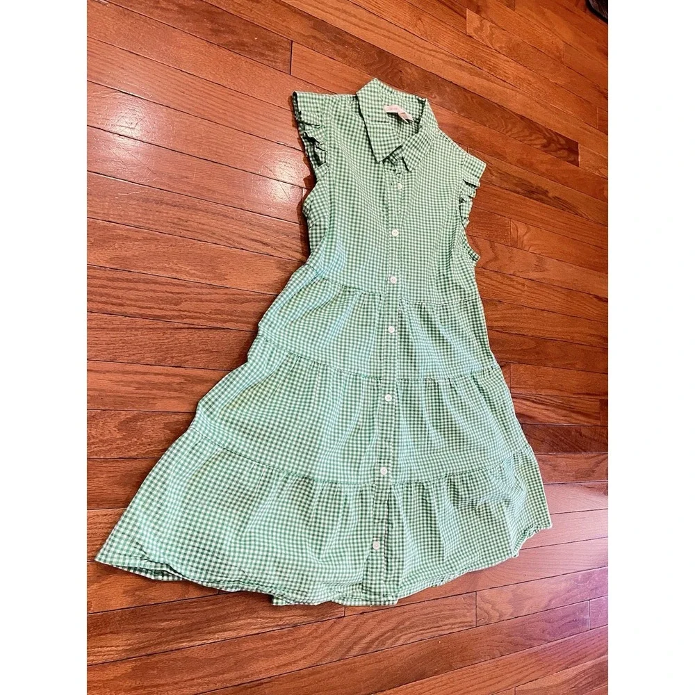 Monteau Los Angeles Girls Large Green Gingham Tiered Button Front Dress L